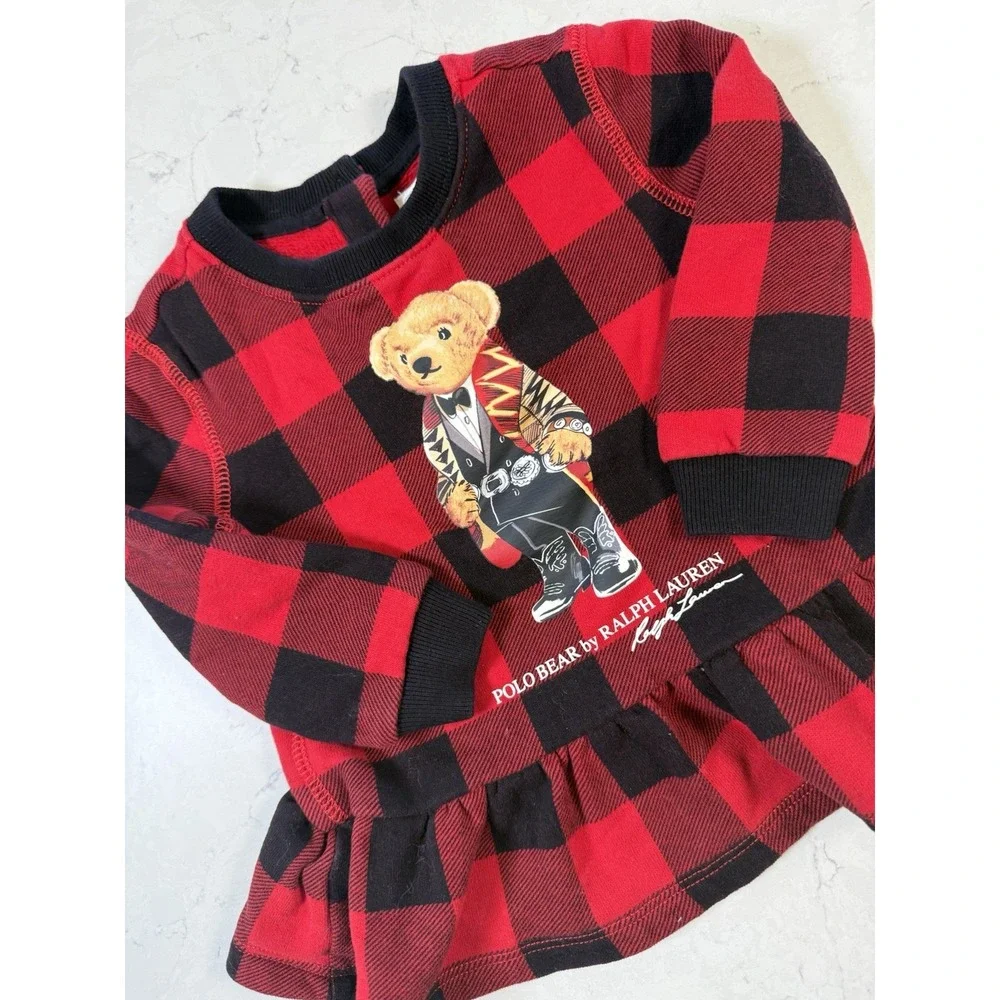 Ralph Lauren Polo Baby Girl Bear Top Dress Red Black Flannel Buffalo Check 12M